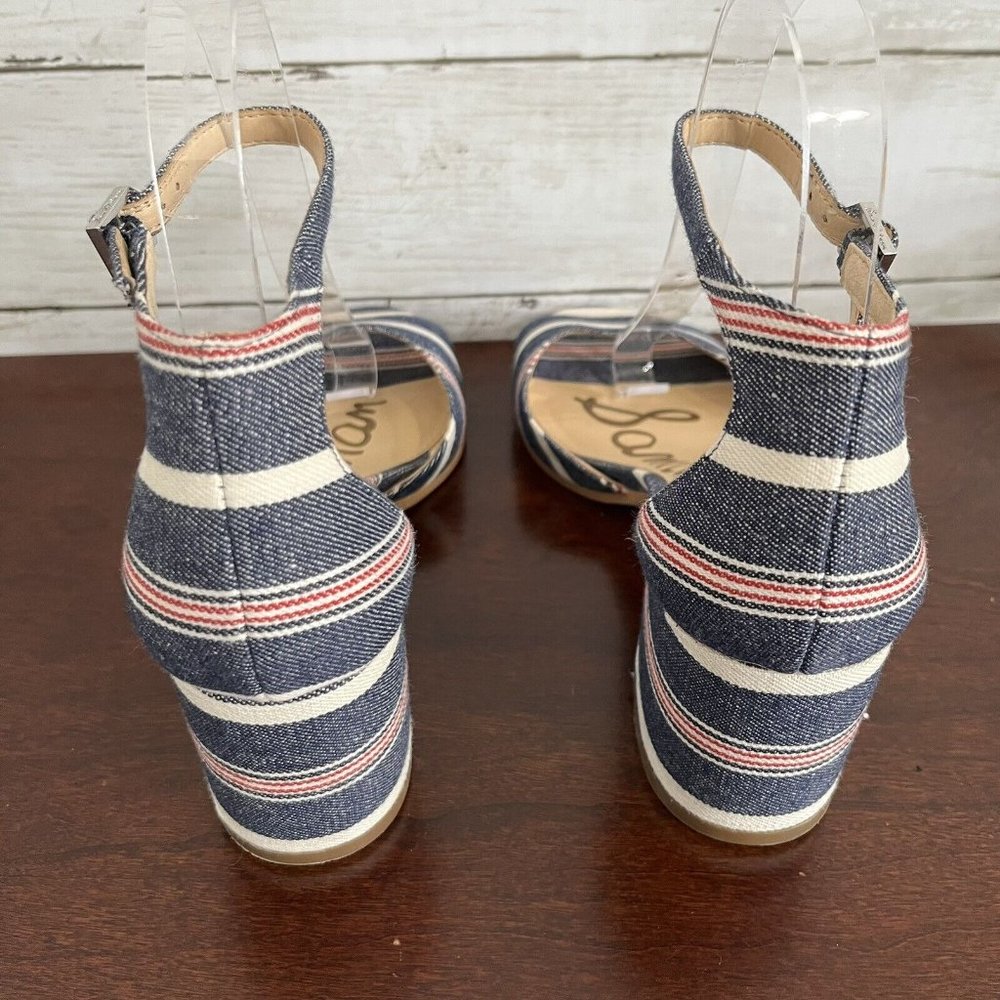 Sam Edelman Women's Denim Stripe Susie Ankle Buckle Heels 7.5 M Red White Blue - Picture 7 of 11